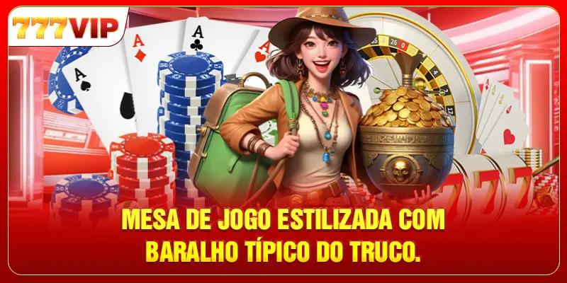 Mesa de jogo estilizada com baralho típico do Truco